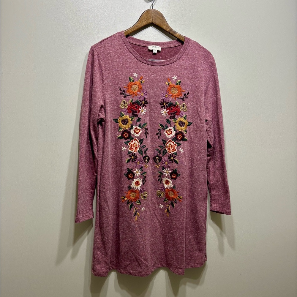 Umgee Floral Embroidered Relaxed Fit Long Sleeve Knit Short Mini Dress Maroon